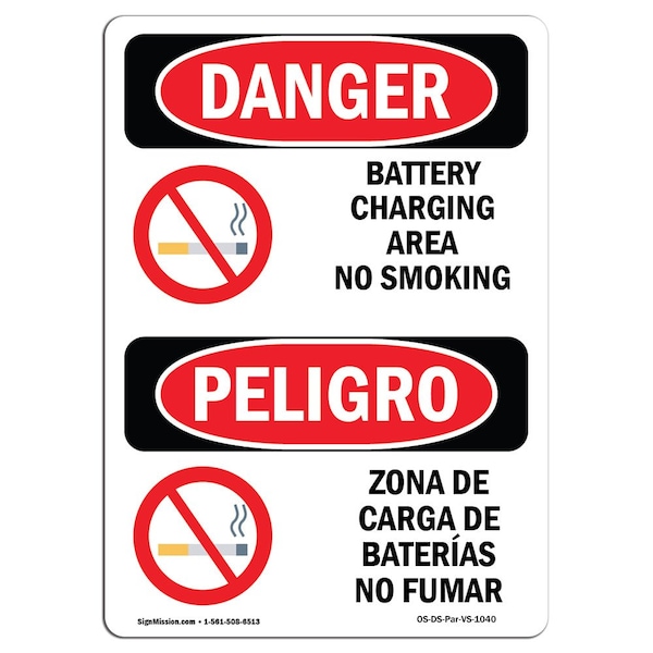 OSHA, Battery Charging Area No Smoking Bilingual, 24in X 18in Rigid Plastic, 18" W, 24" L, Spanish